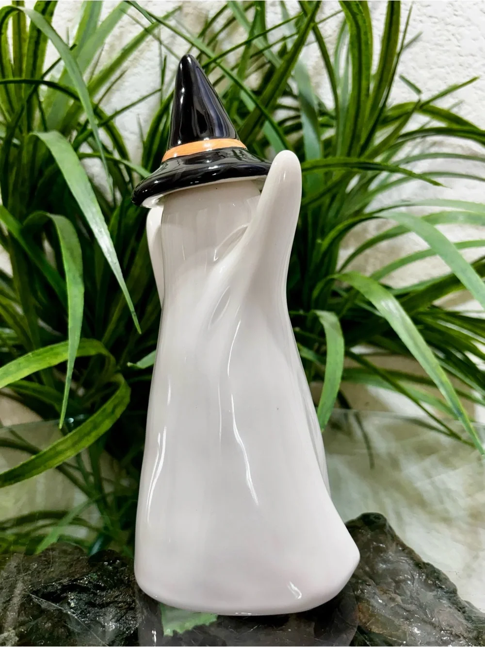 Ceramic White LED Ghost Night Light/Home Accent With Black Witch Hat